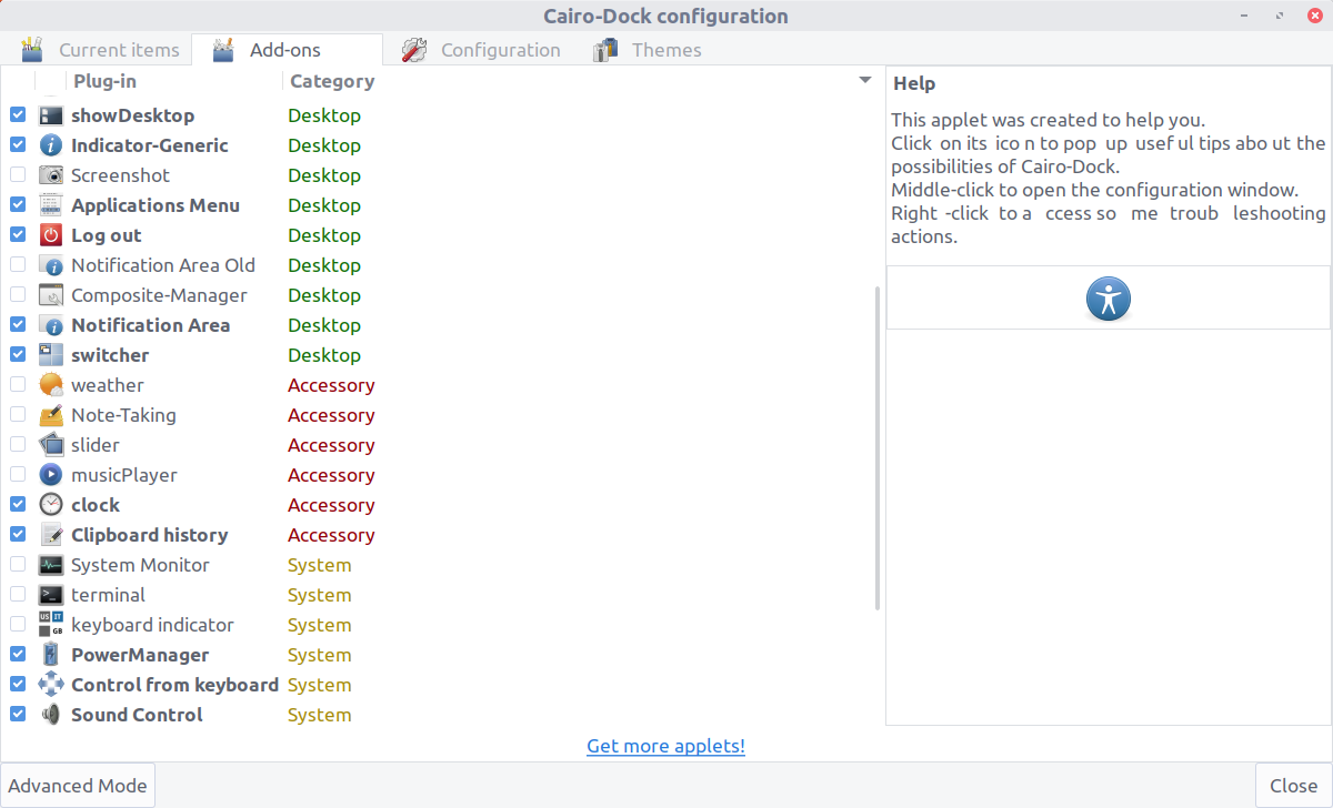 Add-ons tab with some commonly used plugins enabled