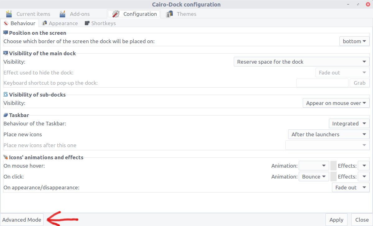 Behaviour configuration with the switch to advanced mode highlighted