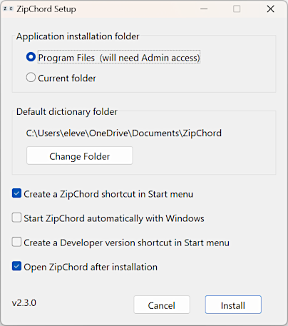 Installation window of ZipChord